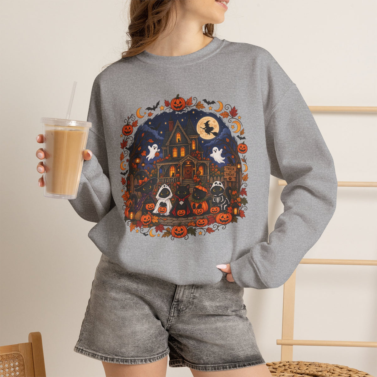 Spooky Season Halloween Black Cat Sweatshirt, Funny Trick Or Treat Shirt For Women