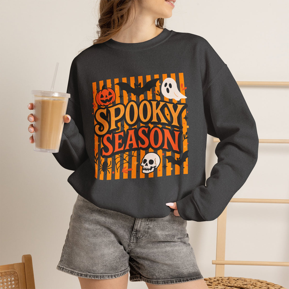 Striped Spooky Season Halloween Ghost Sweatshirt, Funny Trick Or Treat Shirt For Women