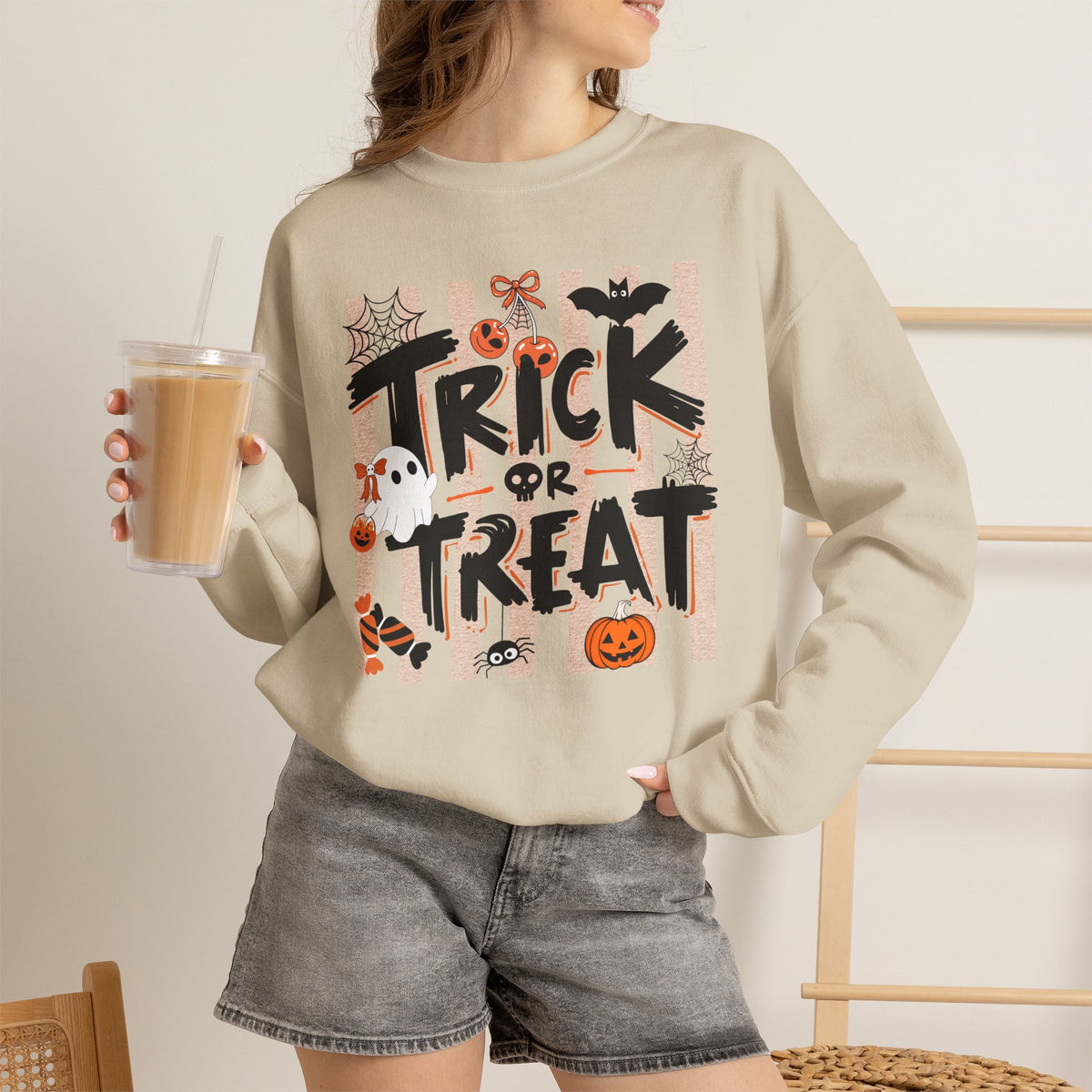 Striped Spooky Season Halloween Ghost Sweatshirt, Funny Trick Or Treat Shirt For Women