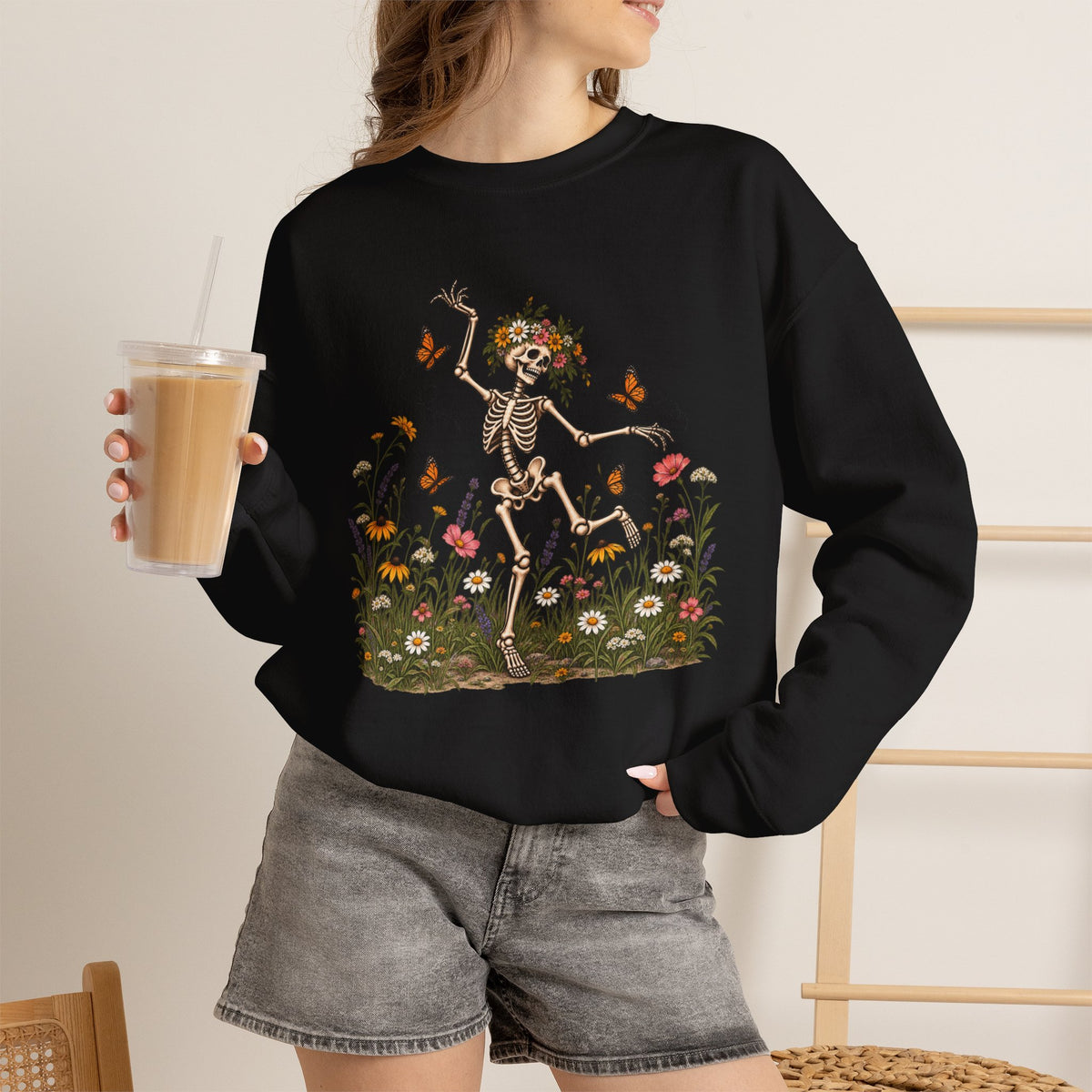 Spooky Season Floral Halloween Skeleton Sweatshirt, Funny Fall Shirt For Women