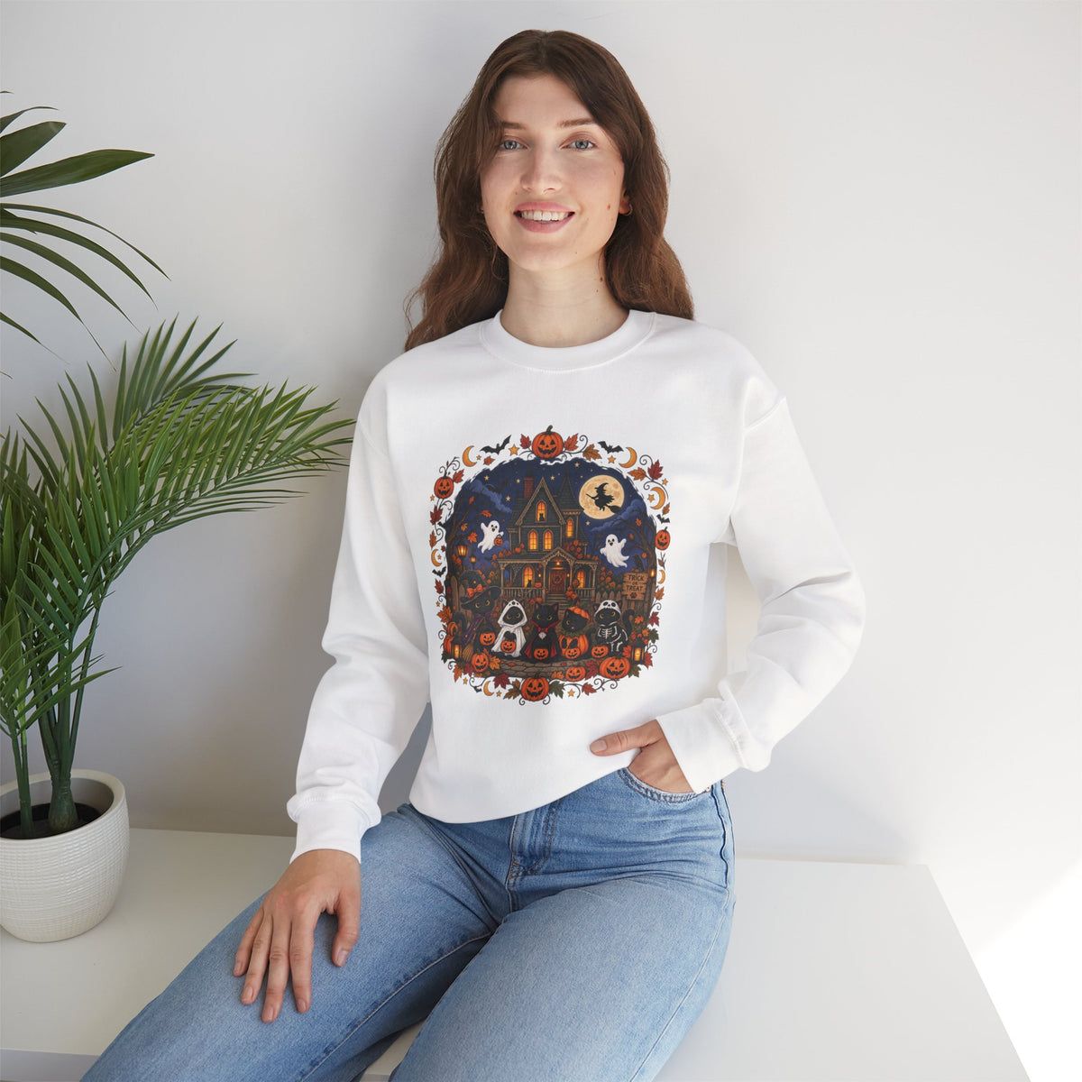Spooky Season Halloween Black Cat Sweatshirt, Funny Trick Or Treat Shirt For Women