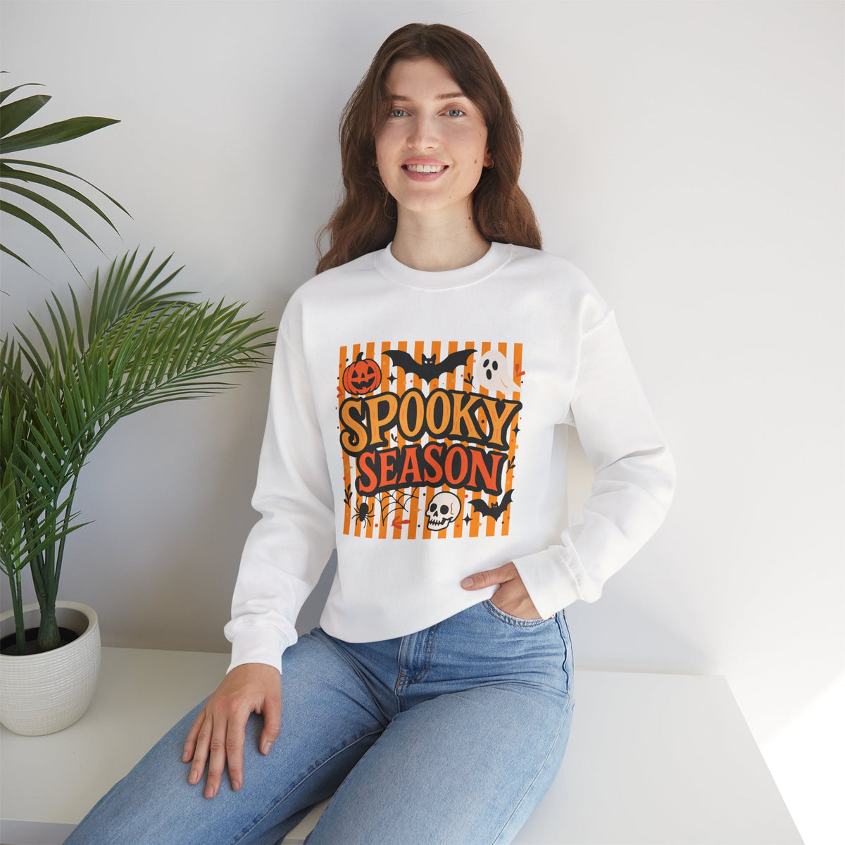 Striped Spooky Season Halloween Ghost Sweatshirt, Funny Trick Or Treat Shirt For Women