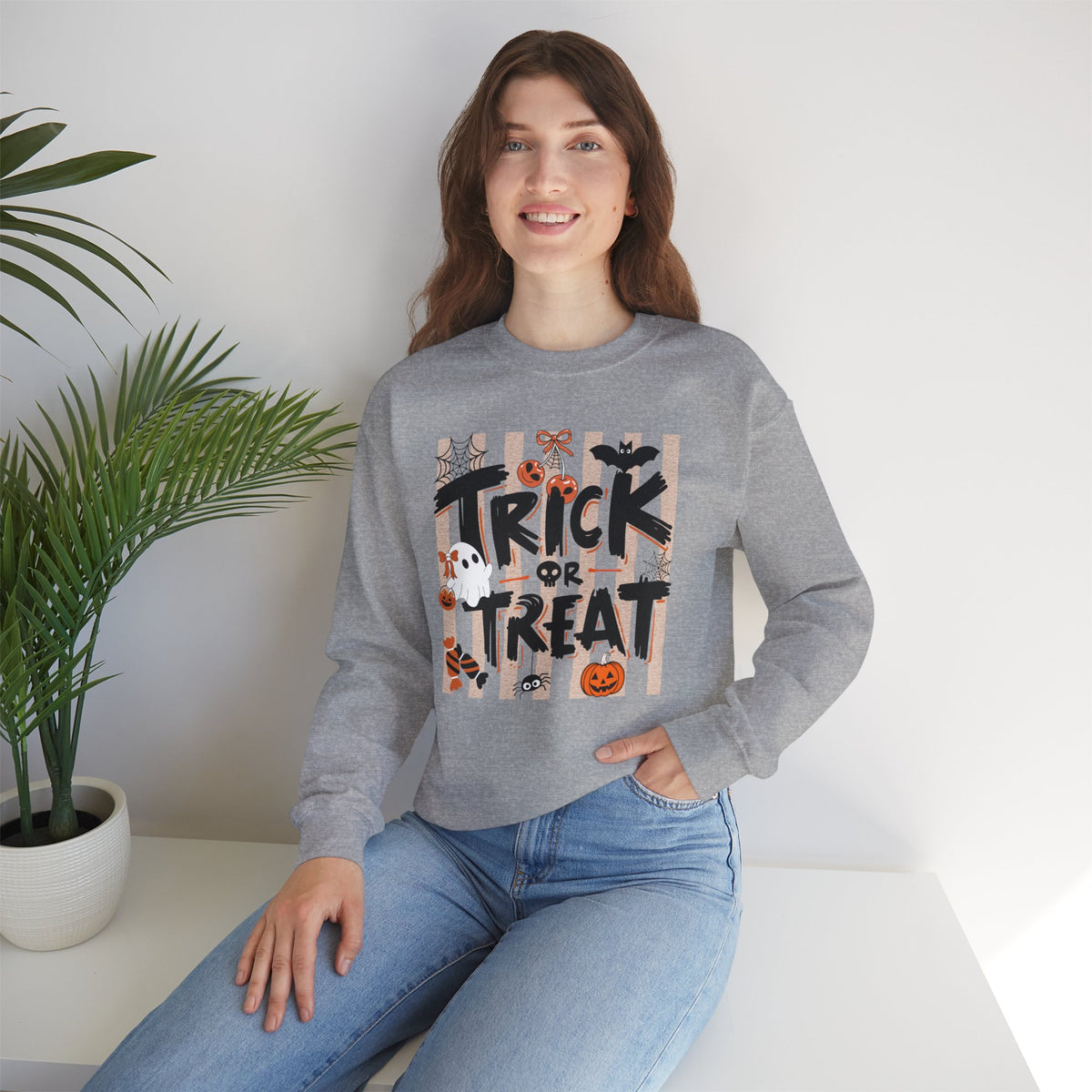 Striped Spooky Season Halloween Ghost Sweatshirt, Funny Trick Or Treat Shirt For Women
