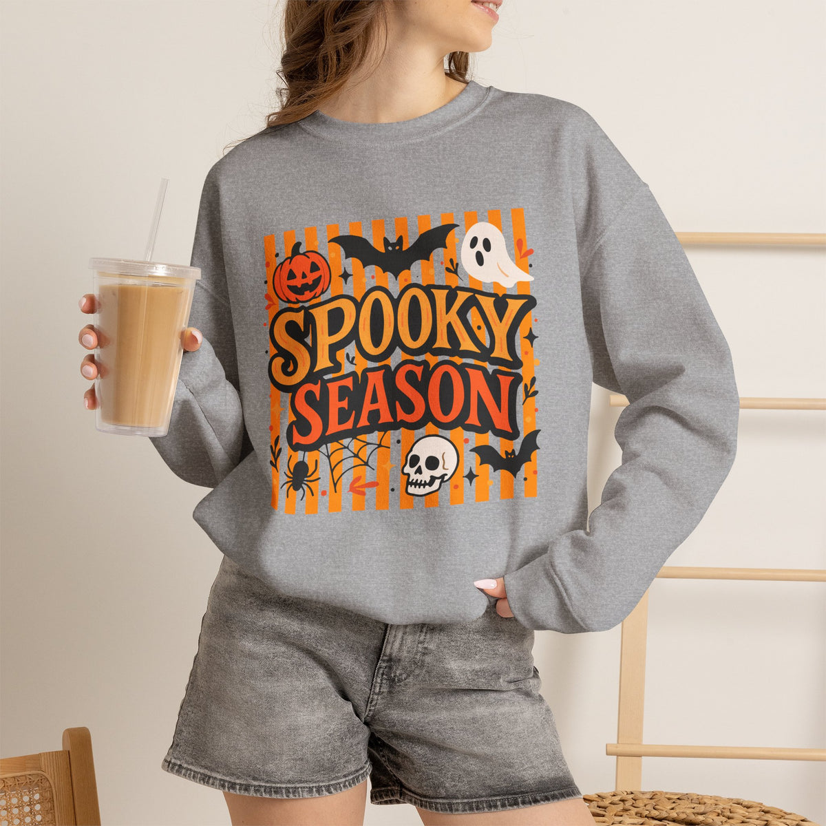 Striped Spooky Season Halloween Ghost Sweatshirt, Funny Trick Or Treat Shirt For Women