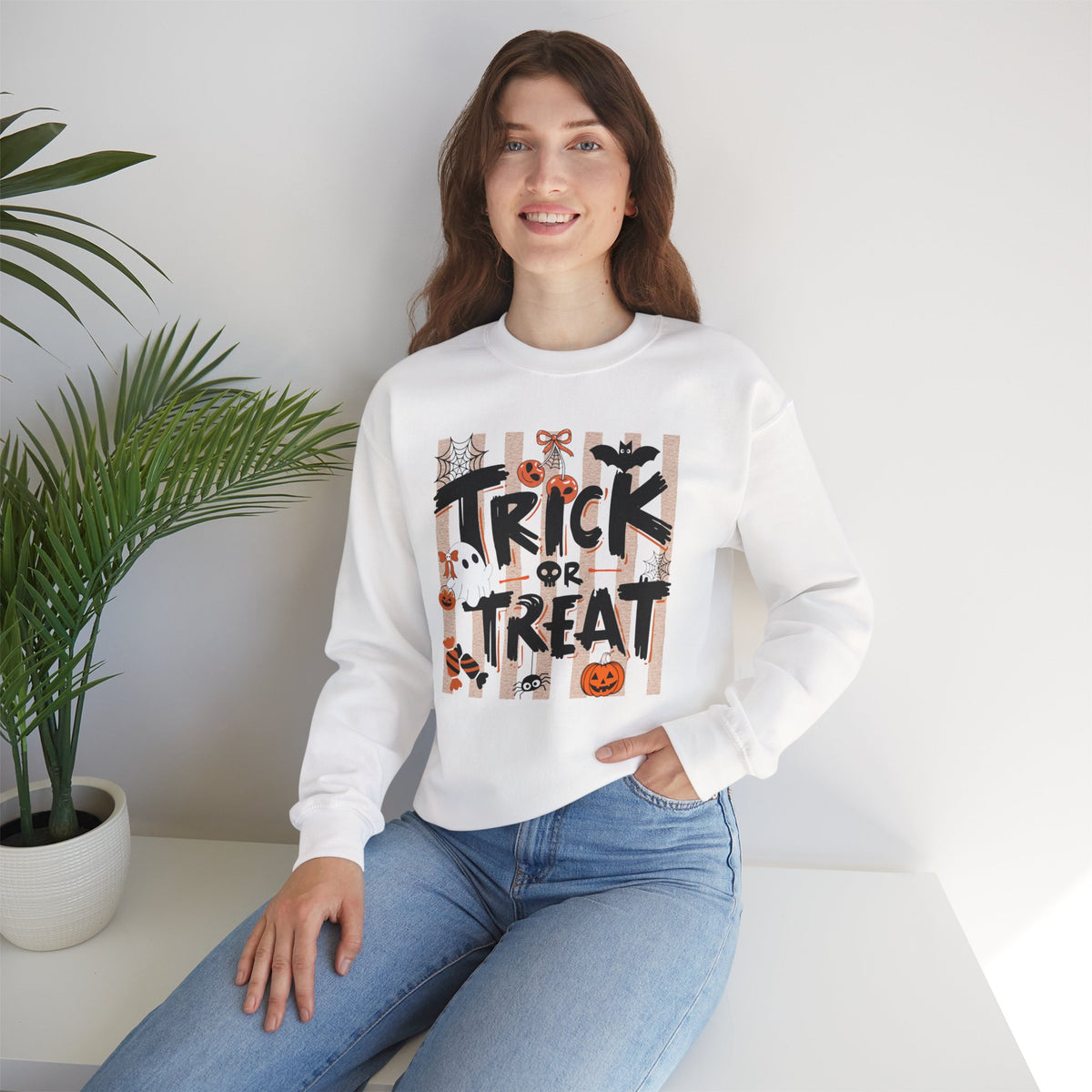 Striped Spooky Season Halloween Ghost Sweatshirt, Funny Trick Or Treat Shirt For Women