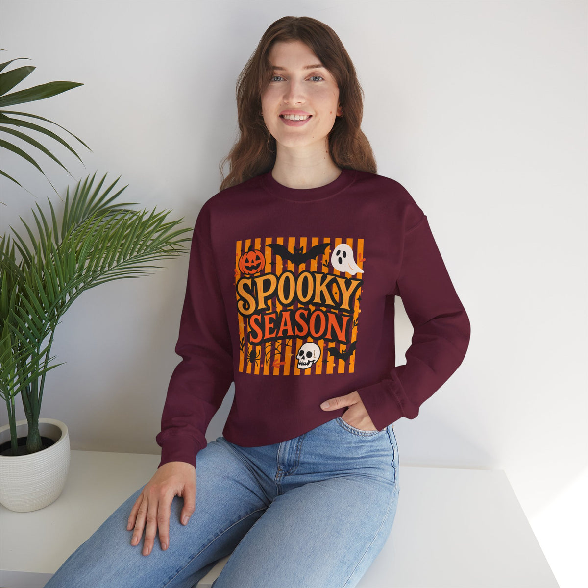 Striped Spooky Season Halloween Ghost Sweatshirt, Funny Trick Or Treat Shirt For Women
