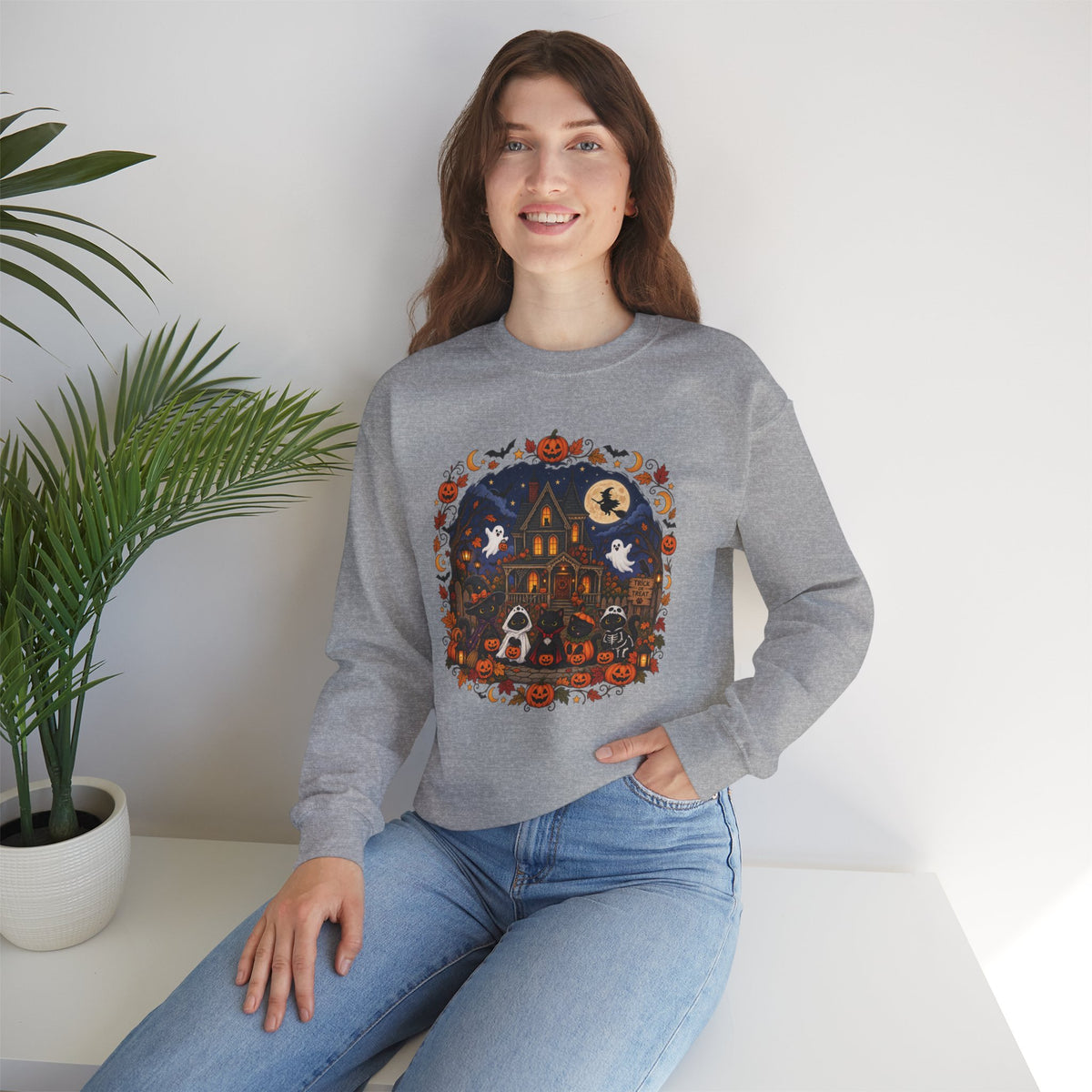 Spooky Season Halloween Black Cat Sweatshirt, Funny Trick Or Treat Shirt For Women