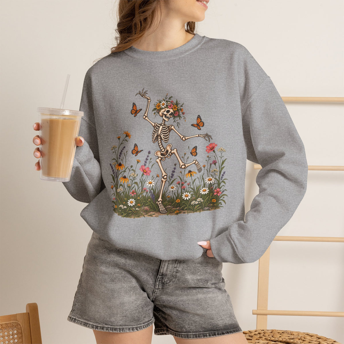 Spooky Season Floral Halloween Skeleton Sweatshirt, Funny Fall Shirt For Women