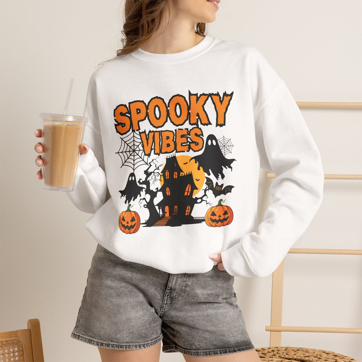 Spooky Vibes Halloween Ghost Sweatshirt, Funny Trick Or Treat Shirt For Women