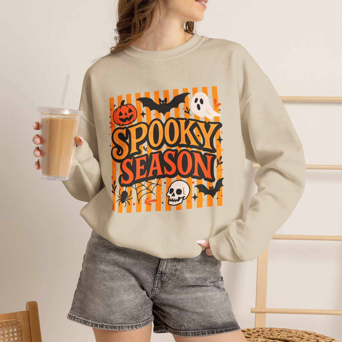 Striped Spooky Season Halloween Ghost Sweatshirt, Funny Trick Or Treat Shirt For Women