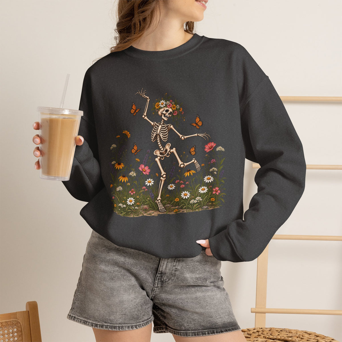 Spooky Season Floral Halloween Skeleton Sweatshirt, Funny Fall Shirt For Women