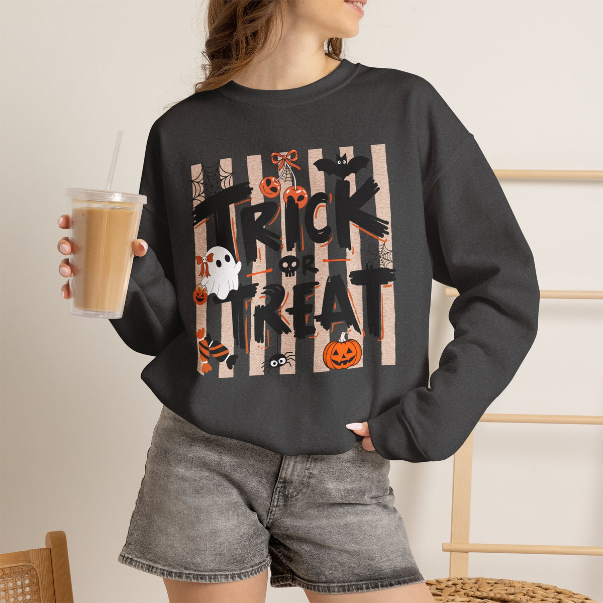 Striped Spooky Season Halloween Ghost Sweatshirt, Funny Trick Or Treat Shirt For Women