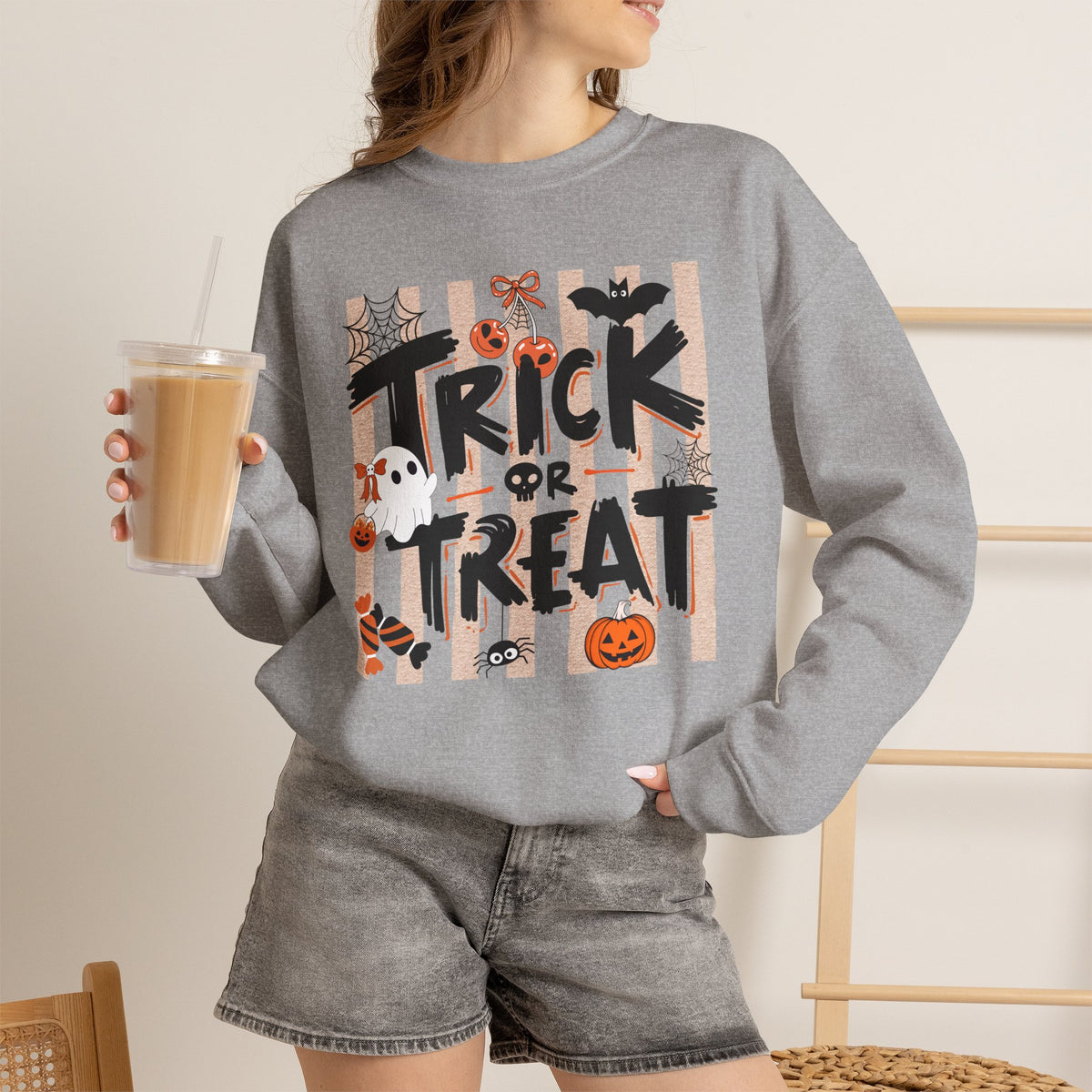 Striped Spooky Season Halloween Ghost Sweatshirt, Funny Trick Or Treat Shirt For Women