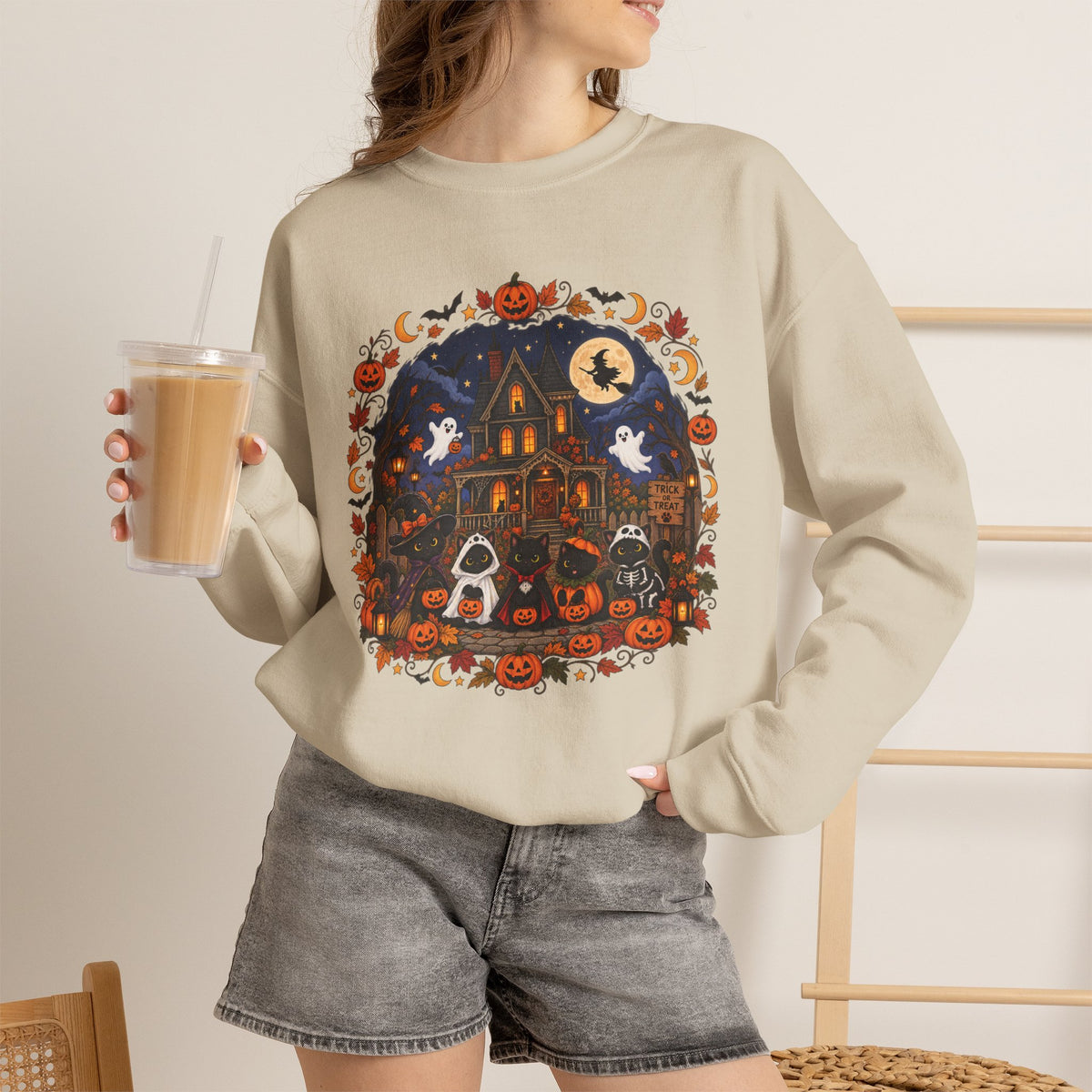 Spooky Season Halloween Black Cat Sweatshirt, Funny Trick Or Treat Shirt For Women