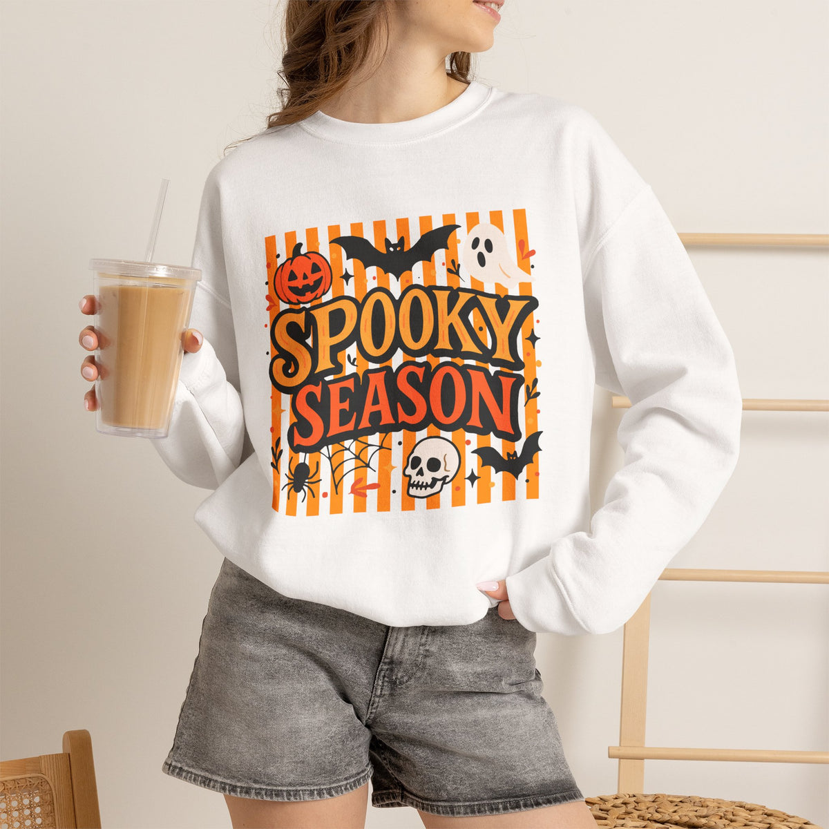 Striped Spooky Season Halloween Ghost Sweatshirt, Funny Trick Or Treat Shirt For Women