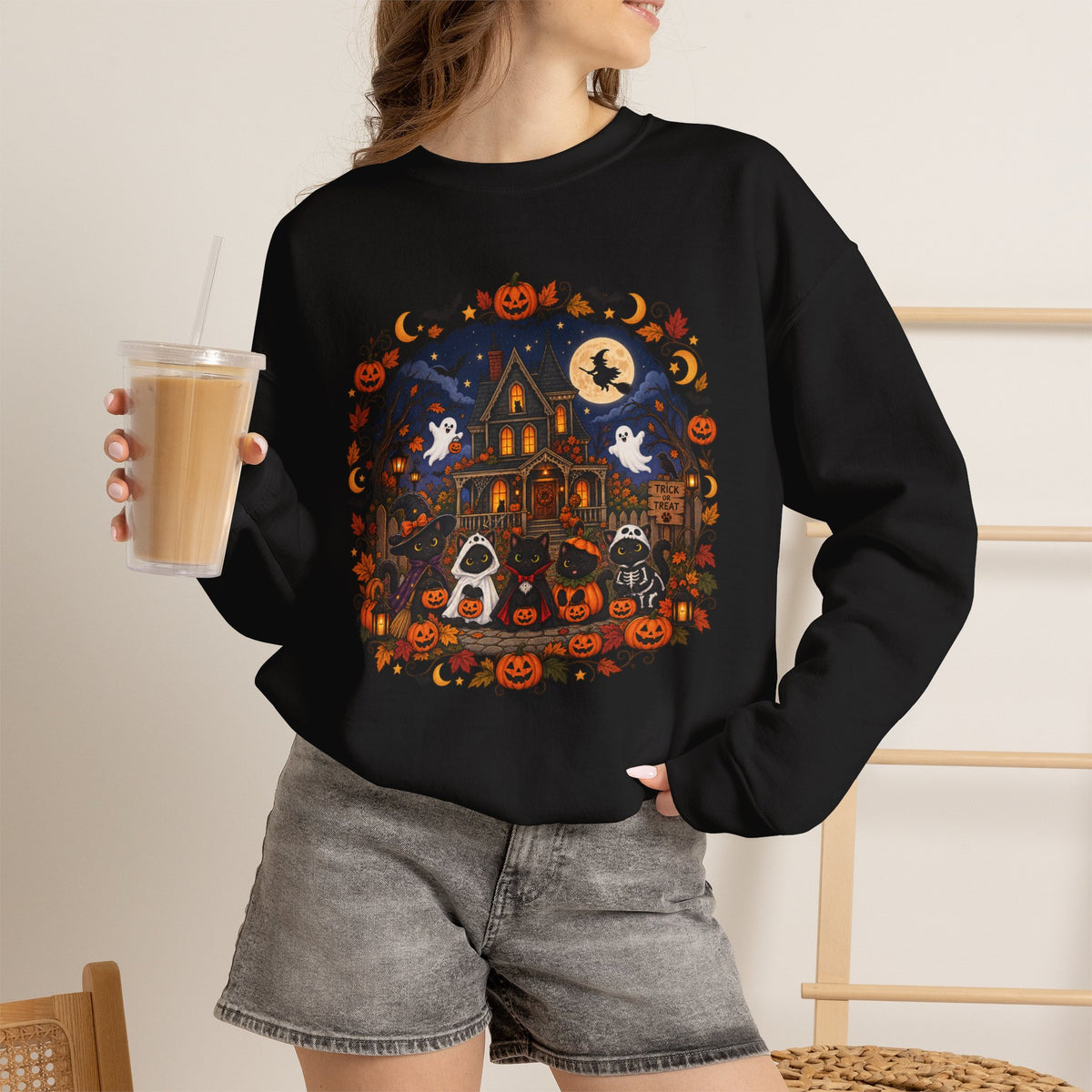 Spooky Season Halloween Black Cat Sweatshirt, Funny Trick Or Treat Shirt For Women