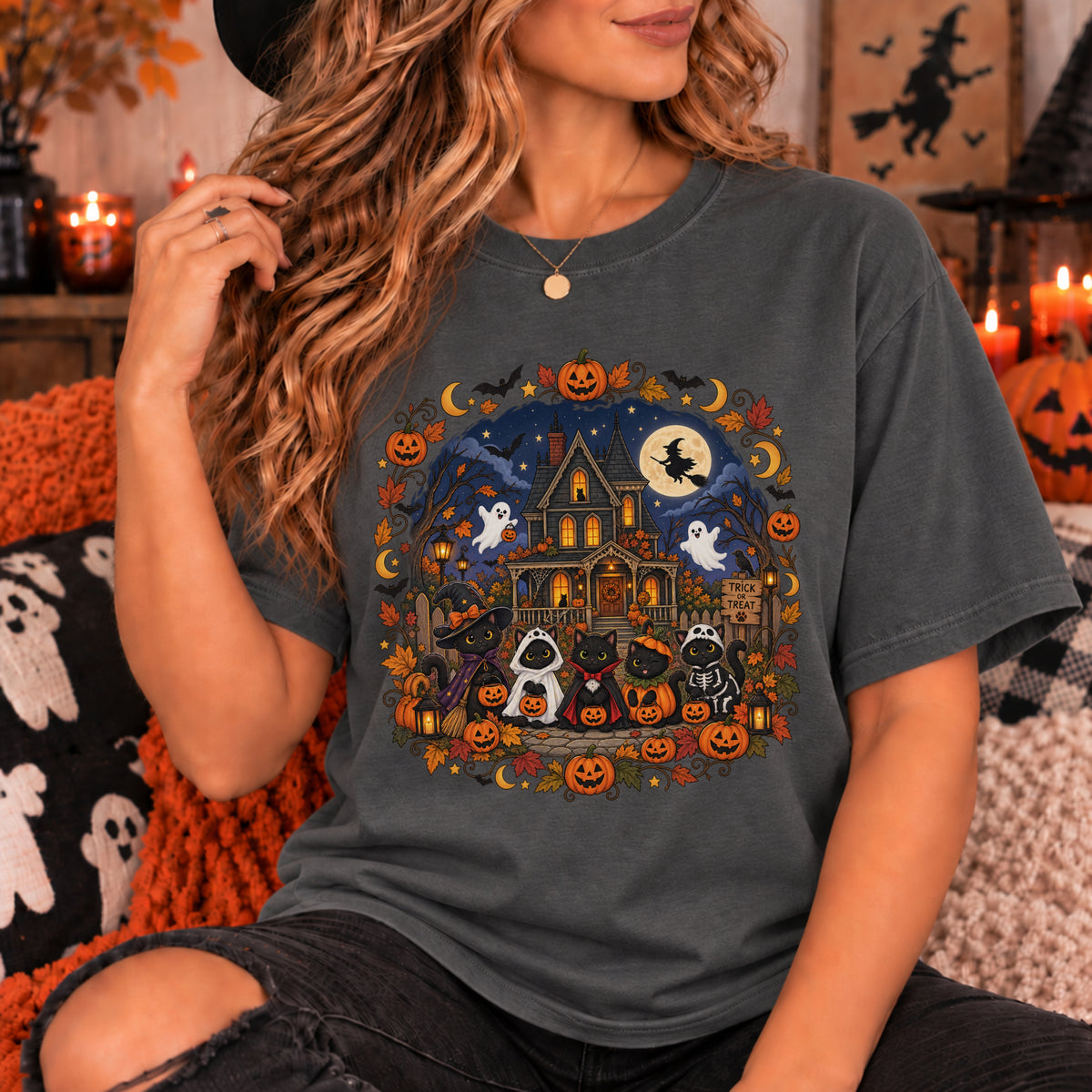 Spooky Season Halloween Ghost Cat Shirt, Funny Trick Or Treat Gift For Women