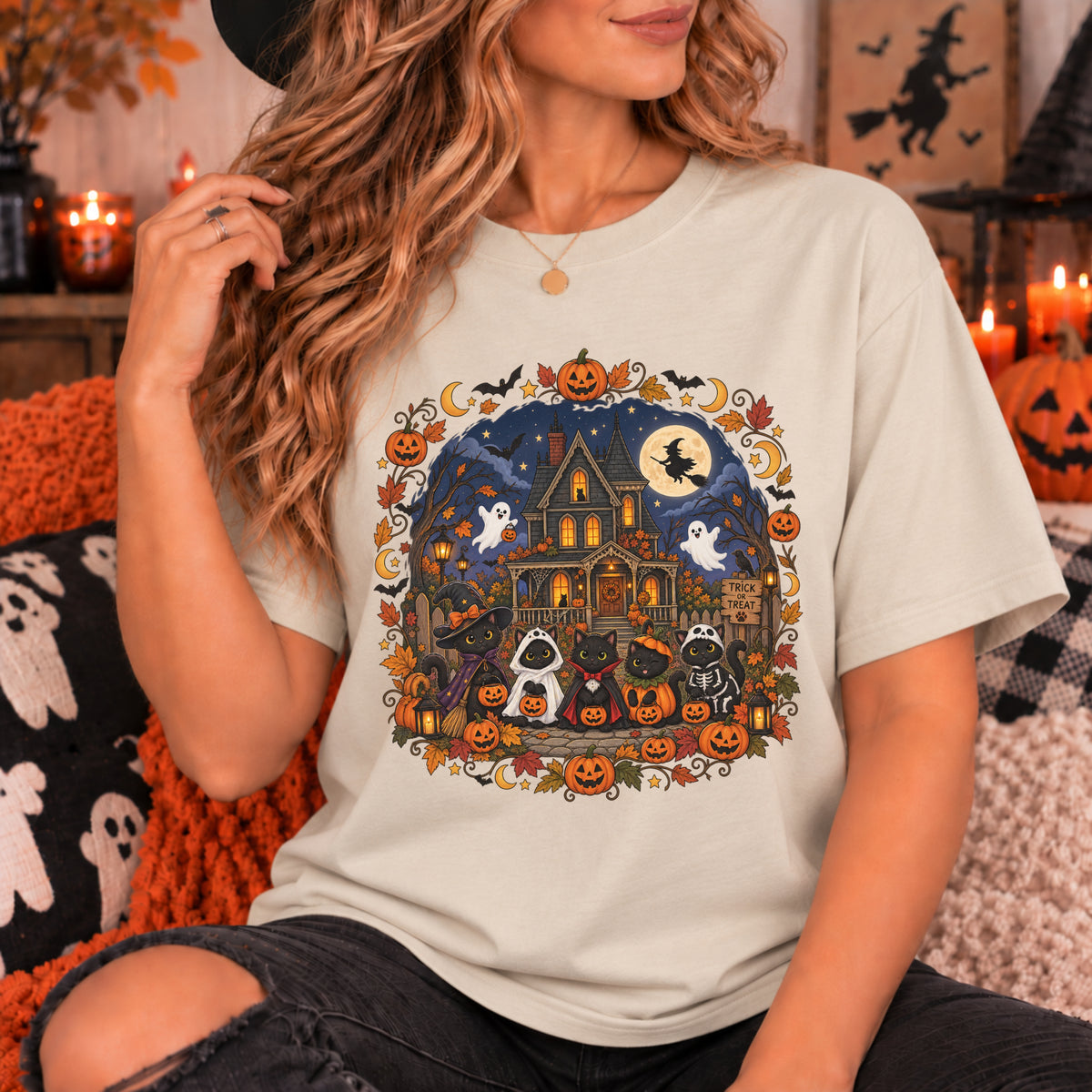 Spooky Season Halloween Ghost Cat Shirt, Funny Trick Or Treat Gift For Women