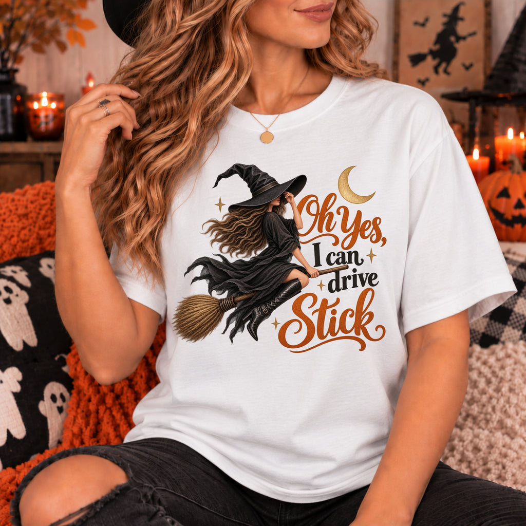 Funny I Can Drive Stick Witch Shirt, Spooky Season Halloween TShirt, Trendy Fall Gift For Women